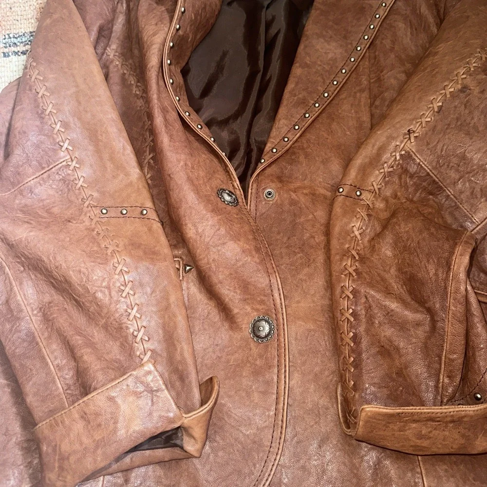 VTG Cripple Creek Western Leather Jacket Womens Studded Pebbled Rodeo Brown  XL